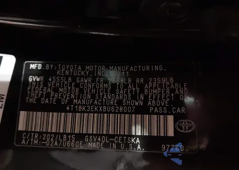 2011 Toyota Camry Se V6 из США, поврежденный, VIN 4T1BK3EKXBU628007